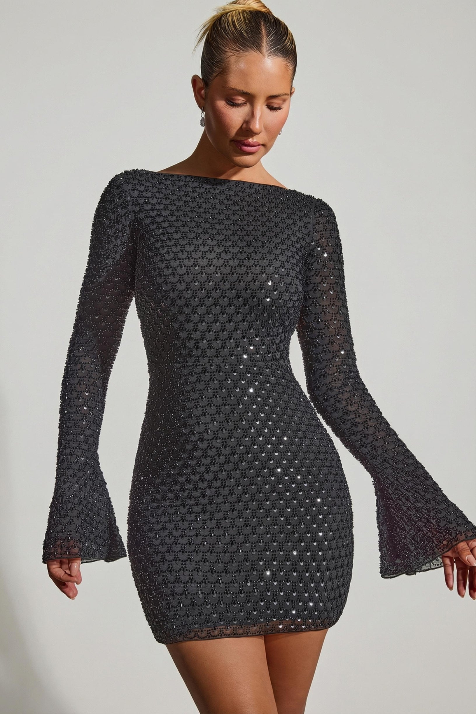 Embellished Open-Back A-Line Mini Dress in Black - 1