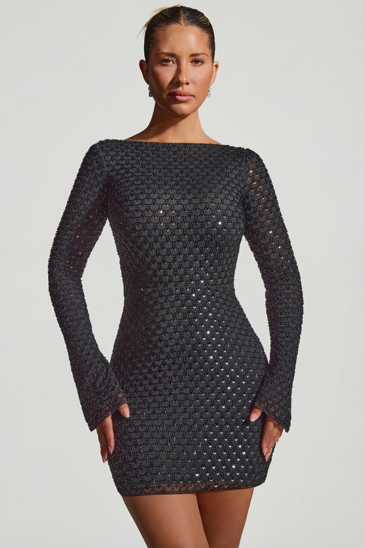 Embellished Open-Back A-Line Mini Dress in Black - 6