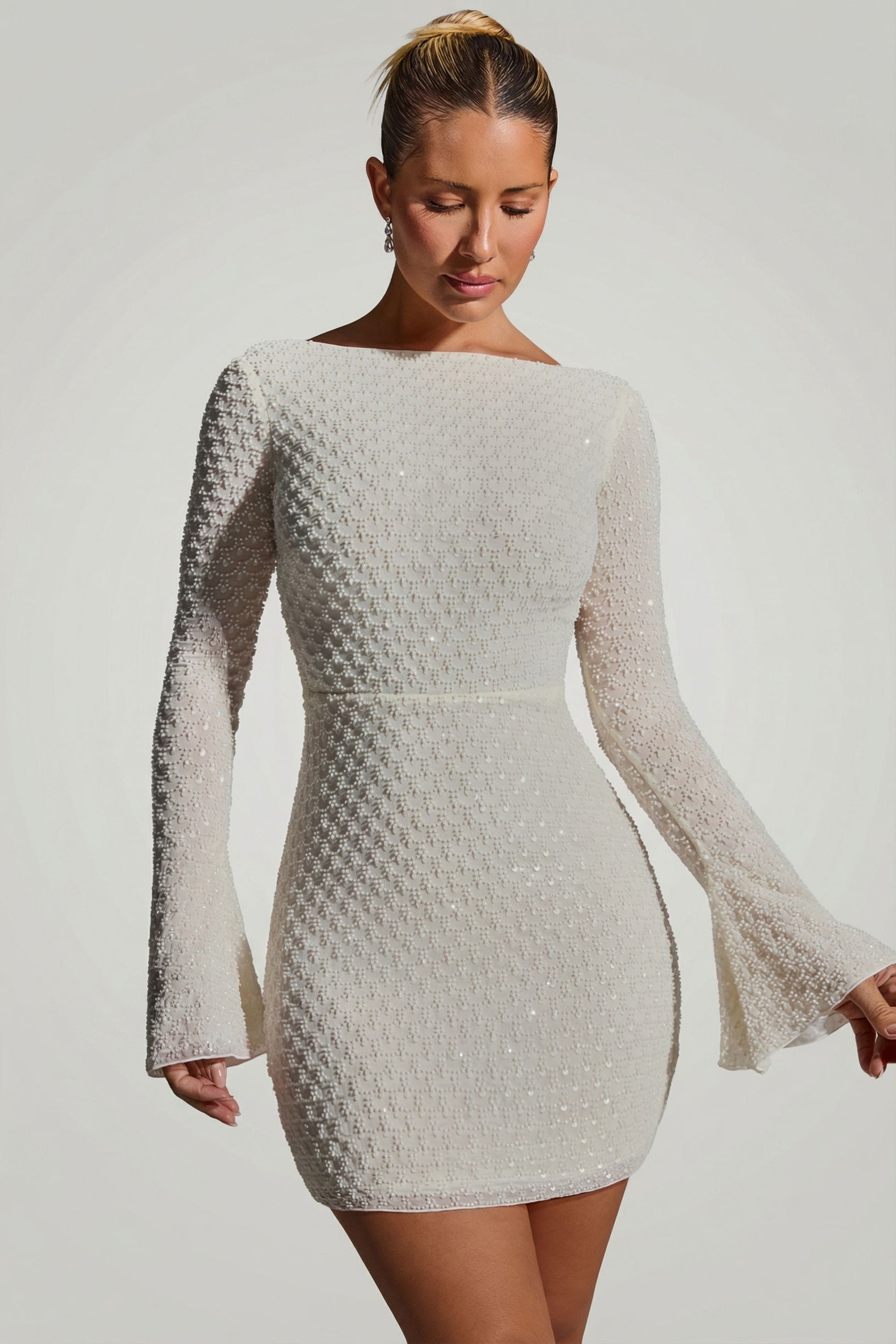 Embellished Open-Back A-Line Mini Dress in White - 1