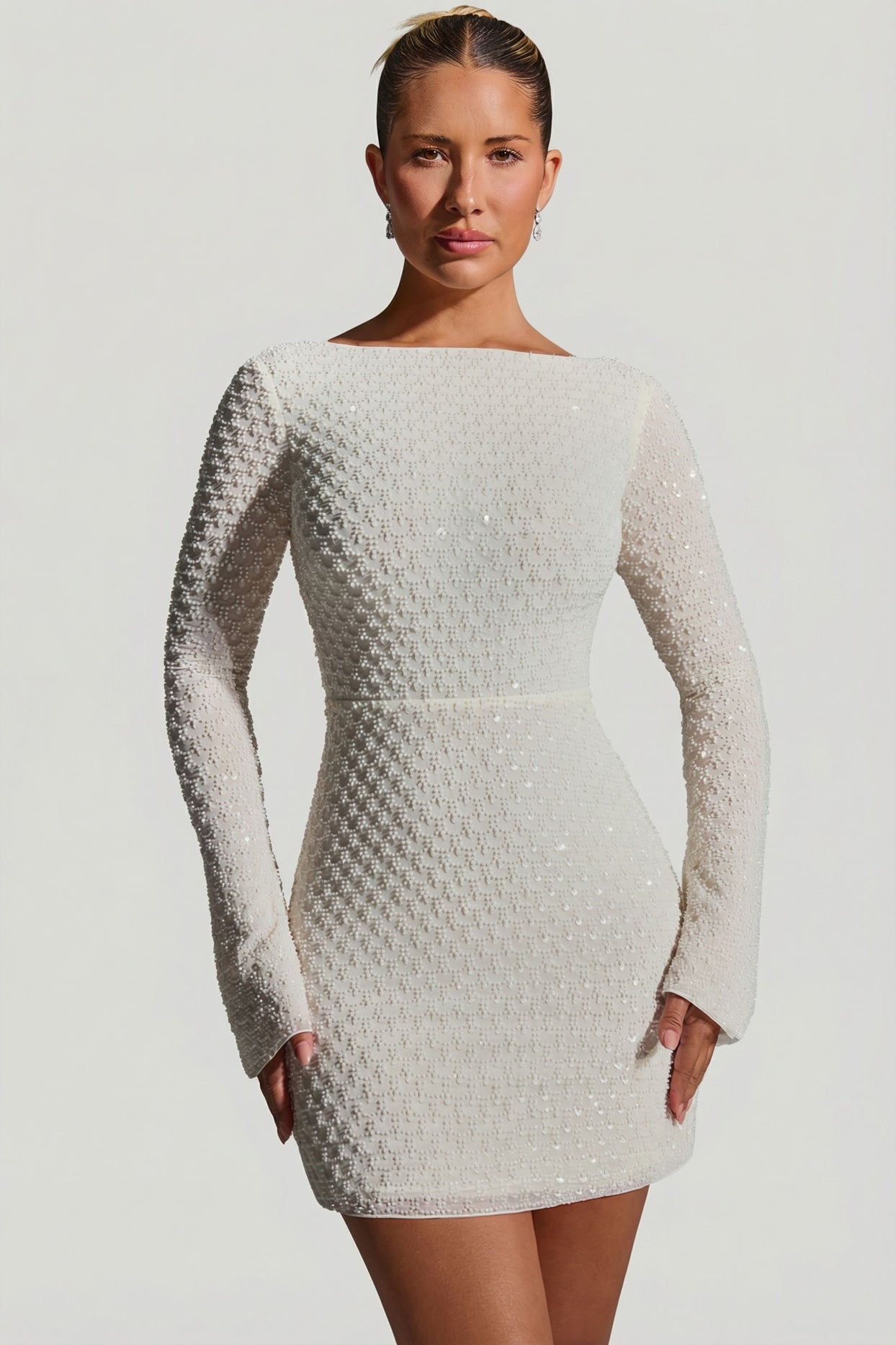 Embellished Open-Back A-Line Mini Dress in White - 5
