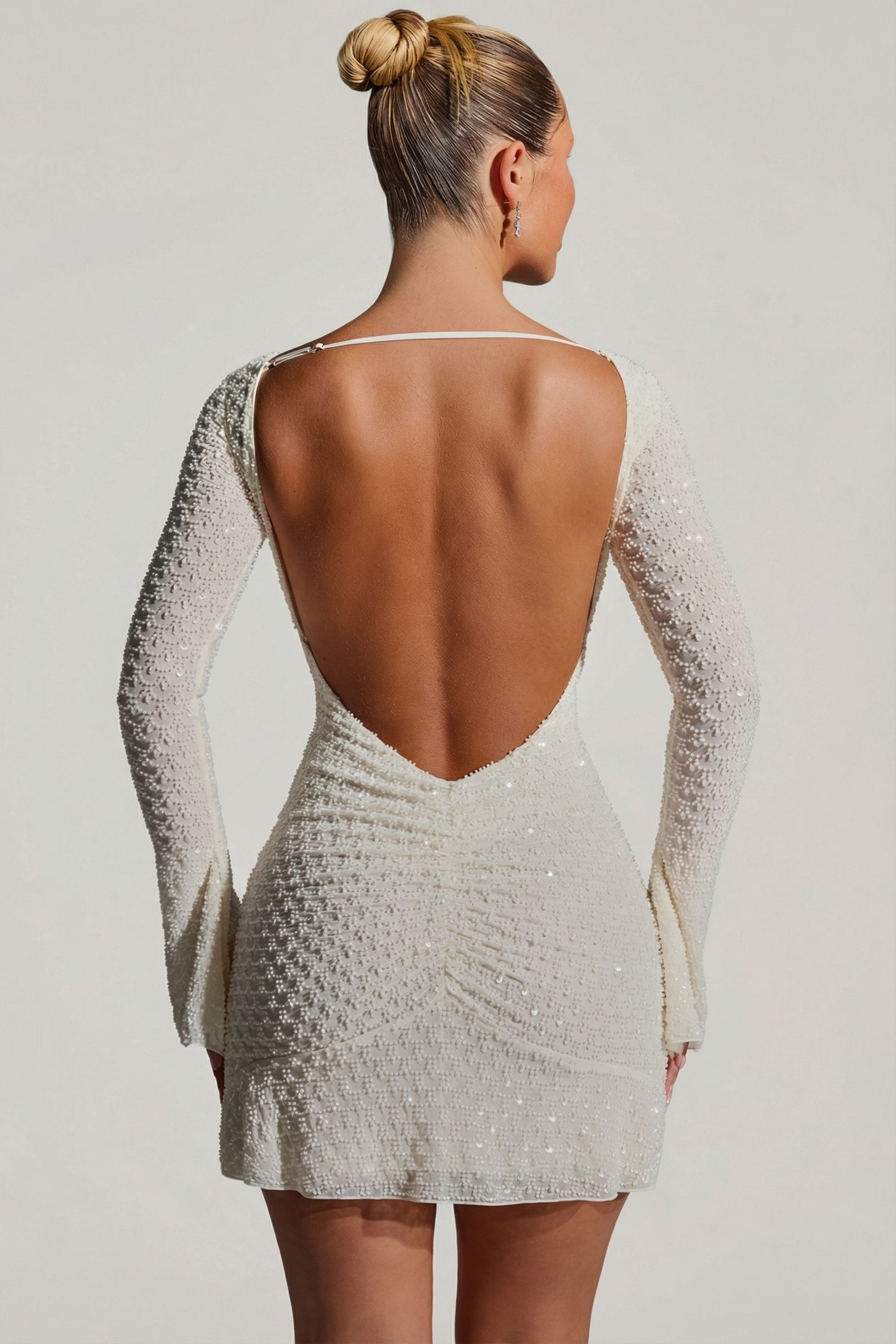 Embellished Open-Back A-Line Mini Dress in White - 2
