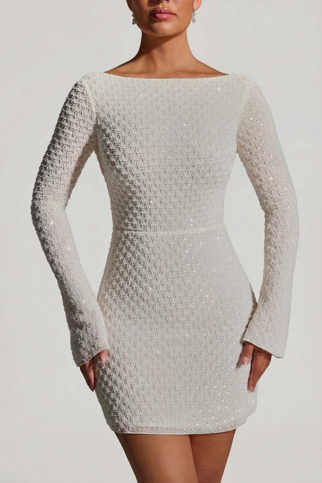 Embellished Open-Back A-Line Mini Dress in White - 3