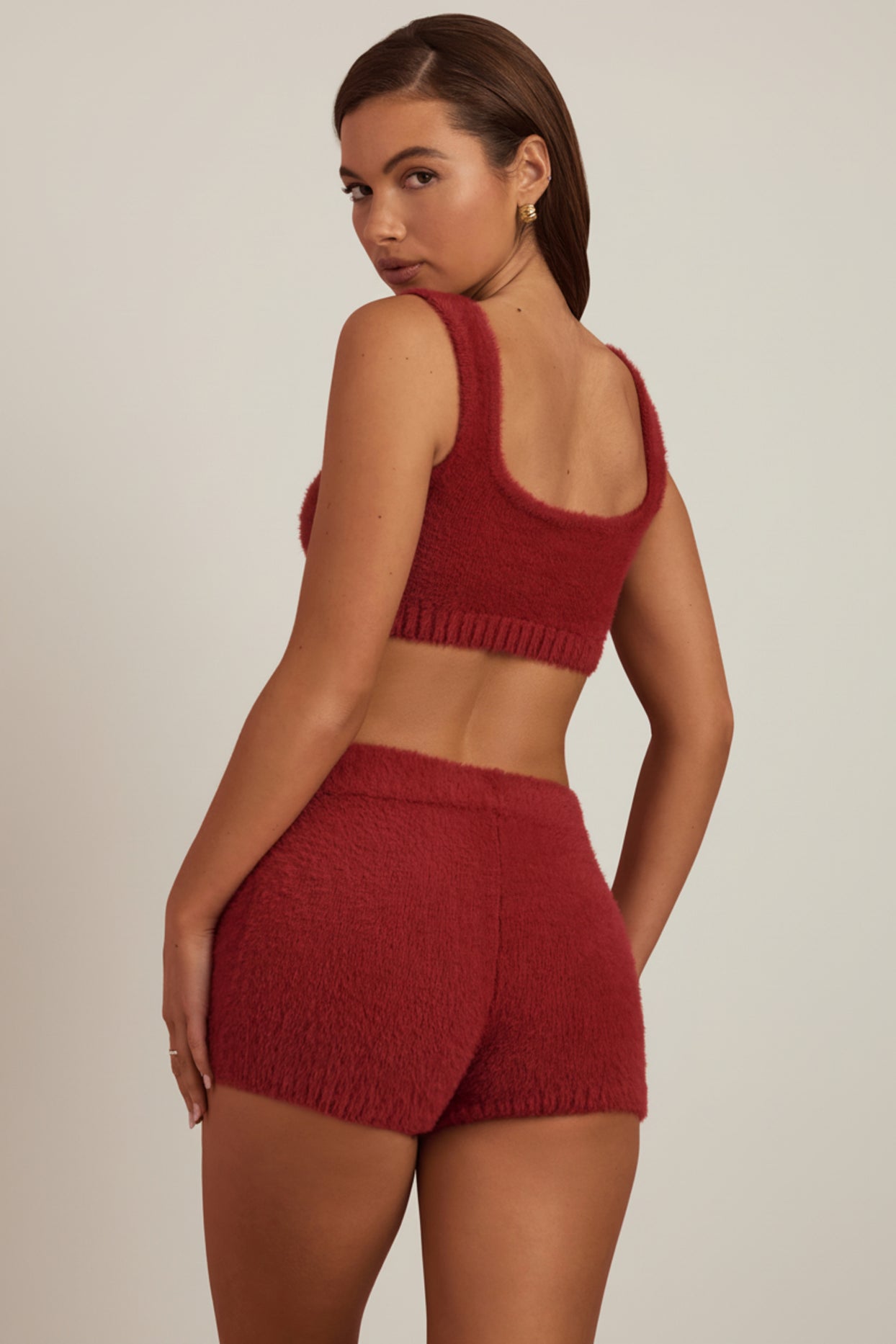 Fluffy Knit Mid-Rise Mini Shorts in Ruby Red - 2