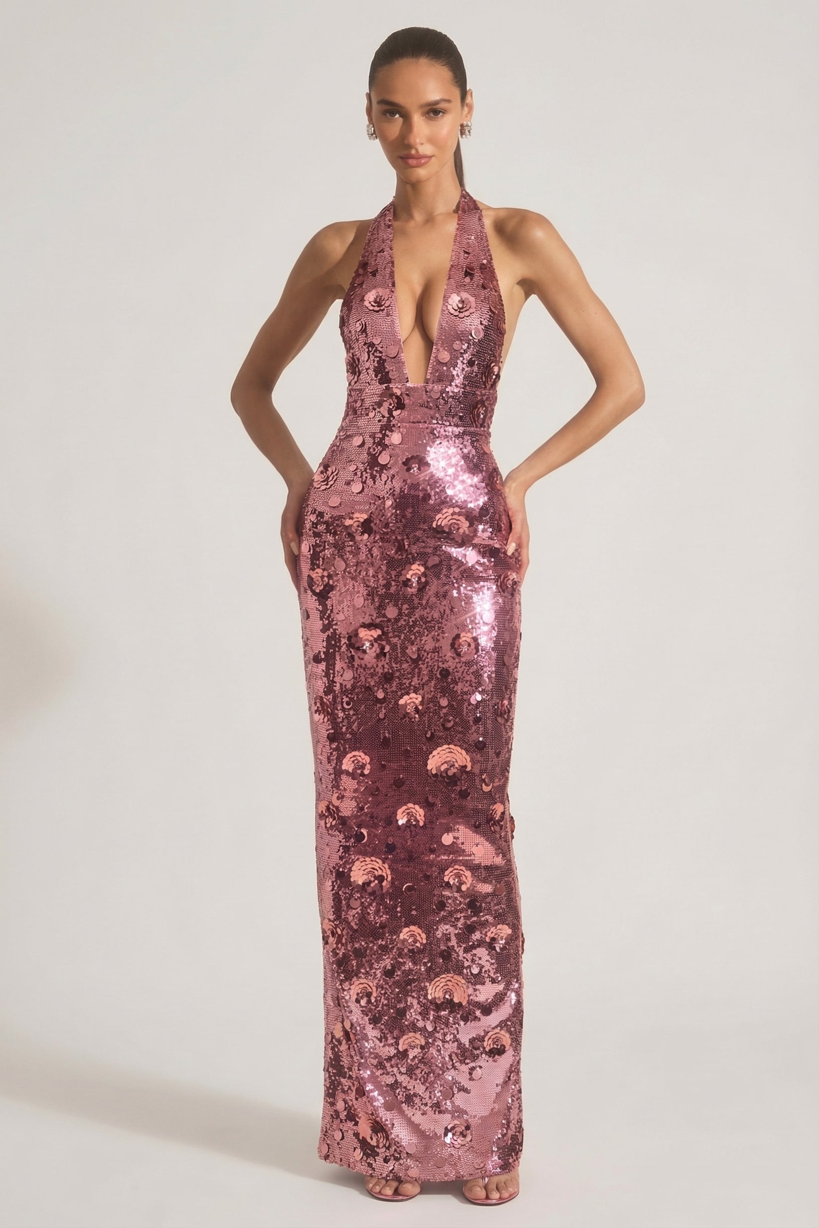 Sequin-Embellished Halterneck Maxi Dress in Pink - 1
