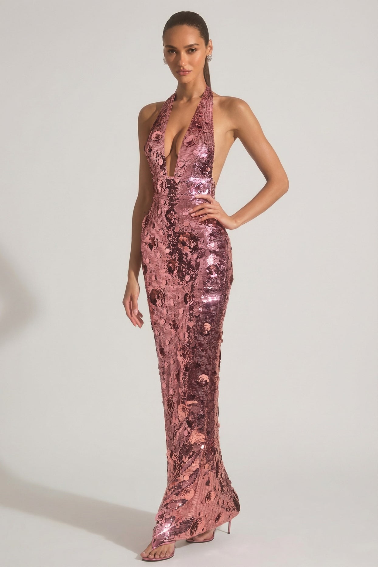 Sequin-Embellished Halterneck Maxi Dress in Pink - 6