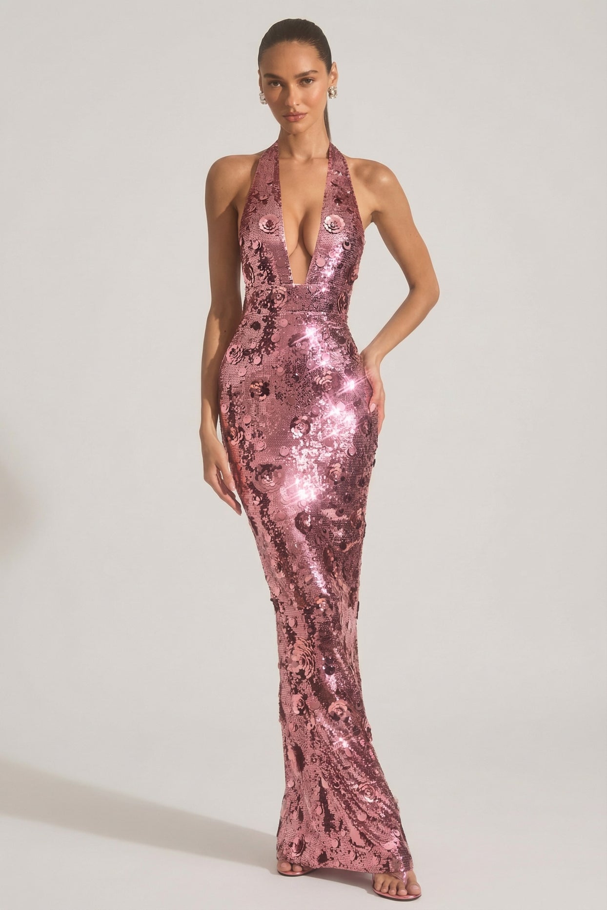 Sequin-Embellished Halterneck Maxi Dress in Pink - 7
