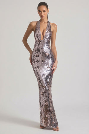 Sequin-Embellished Halterneck Maxi Dress in Silver