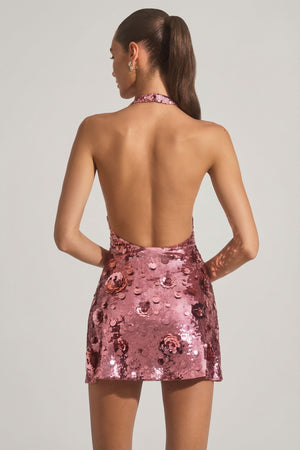 Sequin-Embellished Halterneck Mini Dress in Pink