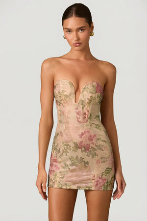 Oh Polly's Anna wearing the Harlie Mini Dress in Rose Rhinestone fabric perfect for cocktail parties