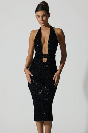 Embellished Cut-Out Open-Back Midaxi Dress in Black