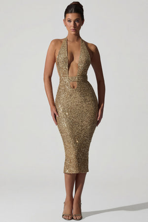 Oh Polly's Anna wearing the Harlyn Midi Dress in Gold Micro Sequin fabric perfect for holiday parties