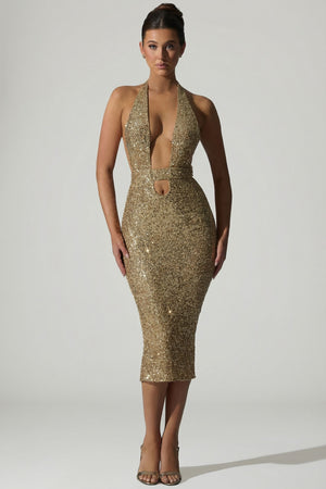 Embellished Cut-Out Open-Back Midaxi Dress in Gold