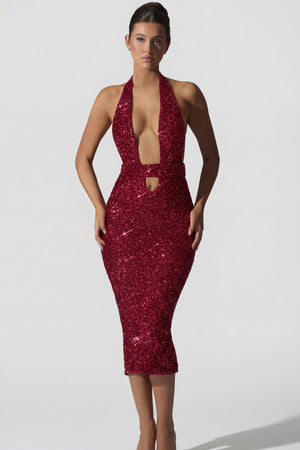 Oh Polly's Anna wearing the Harlyn Midi Dress in Red Micro Sequin fabric perfect for festive celebrations