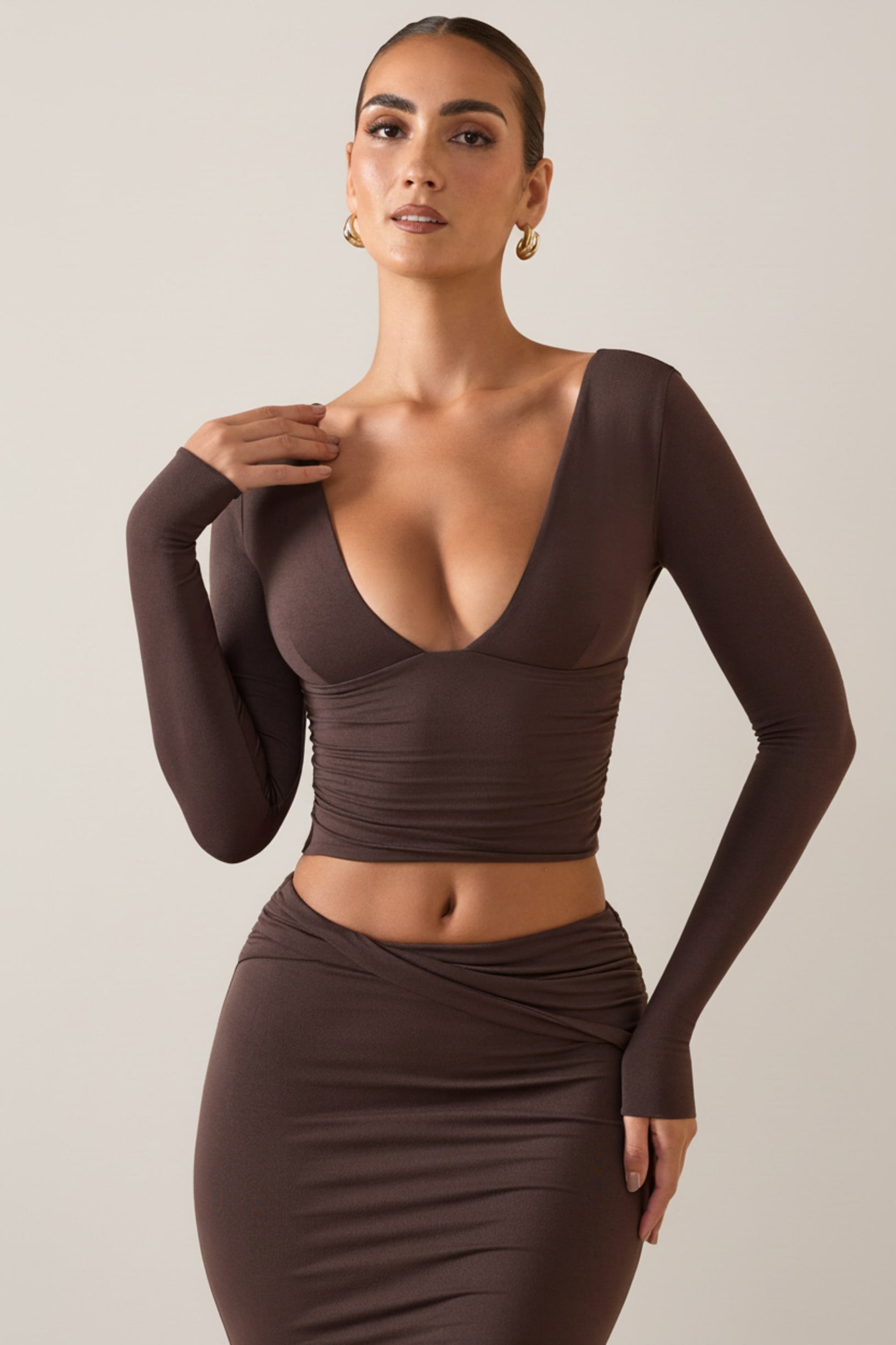 Modal Plunge Long-Sleeve Top in Chocolate Brown - 1