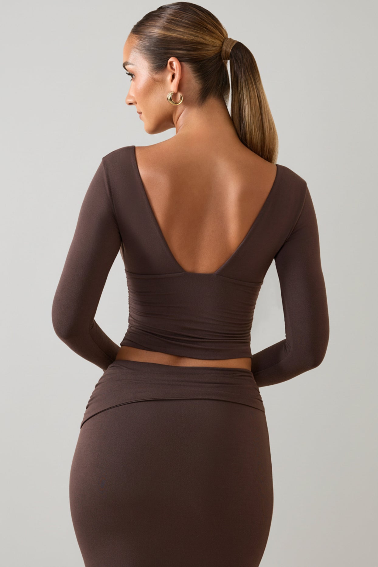 Modal Plunge Long-Sleeve Top in Chocolate Brown - 2