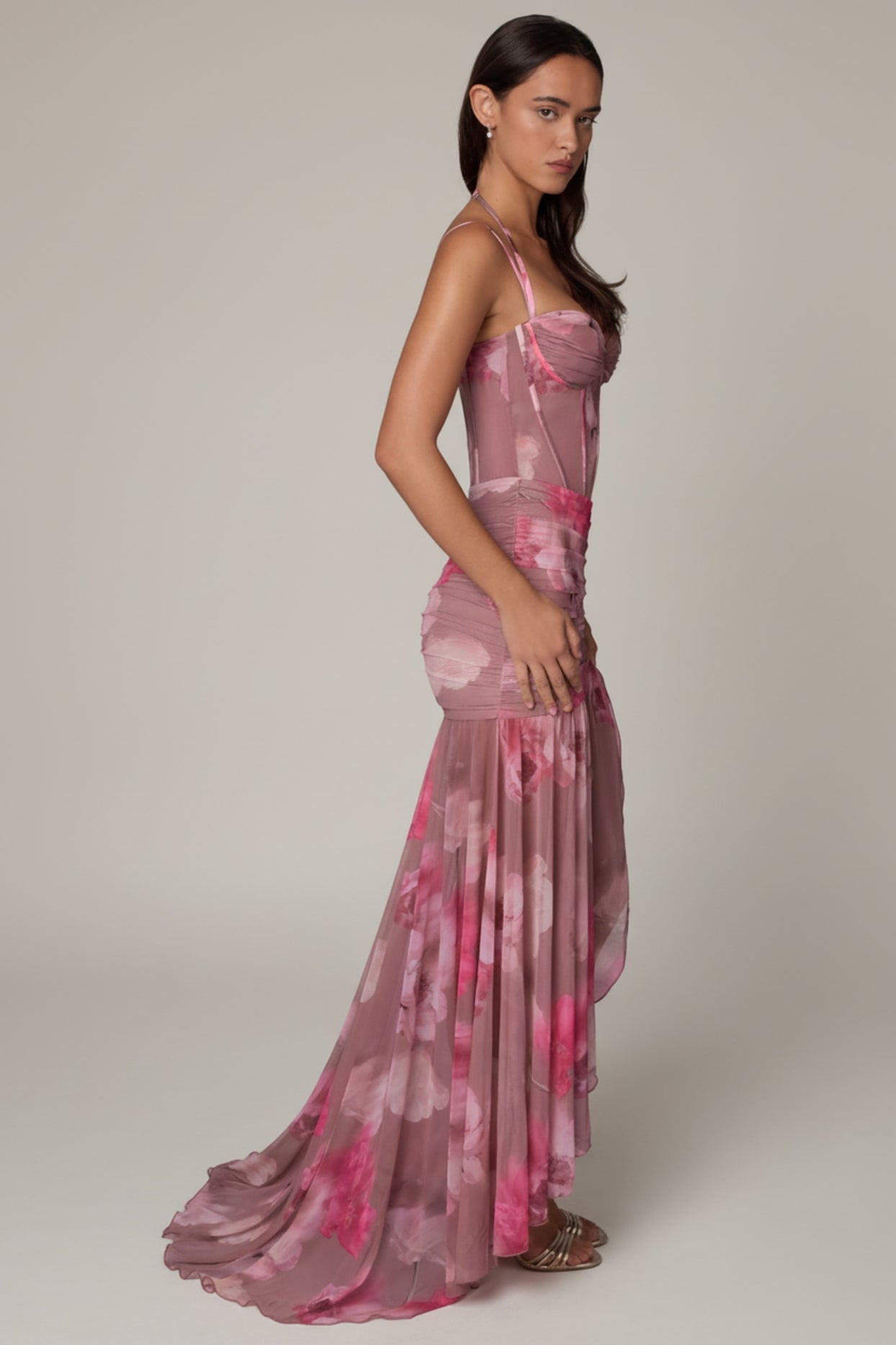 Ruched Asymmetric Corset Gown in Blurred Floral - 7