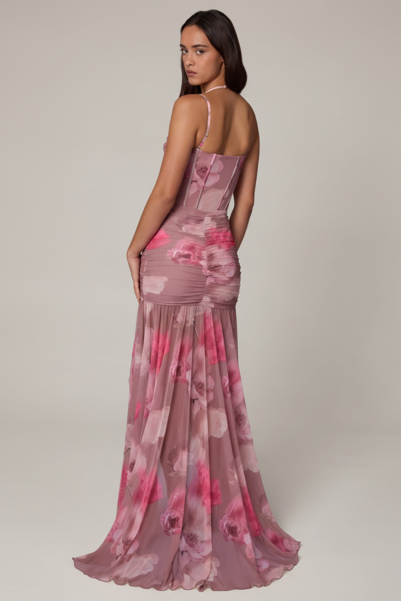 Ruched Asymmetric Corset Gown in Blurred Floral - 2