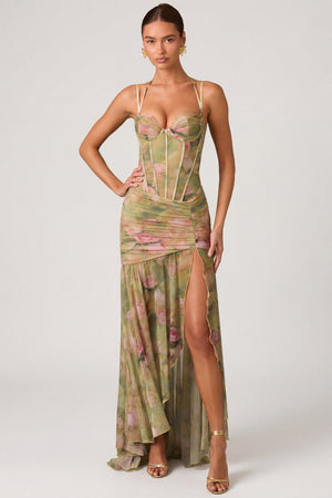 Oh Polly's Anna wearing the Haruna Gown Length Dress in Floral Multi Print Mesh fabric perfect for vacation evenings