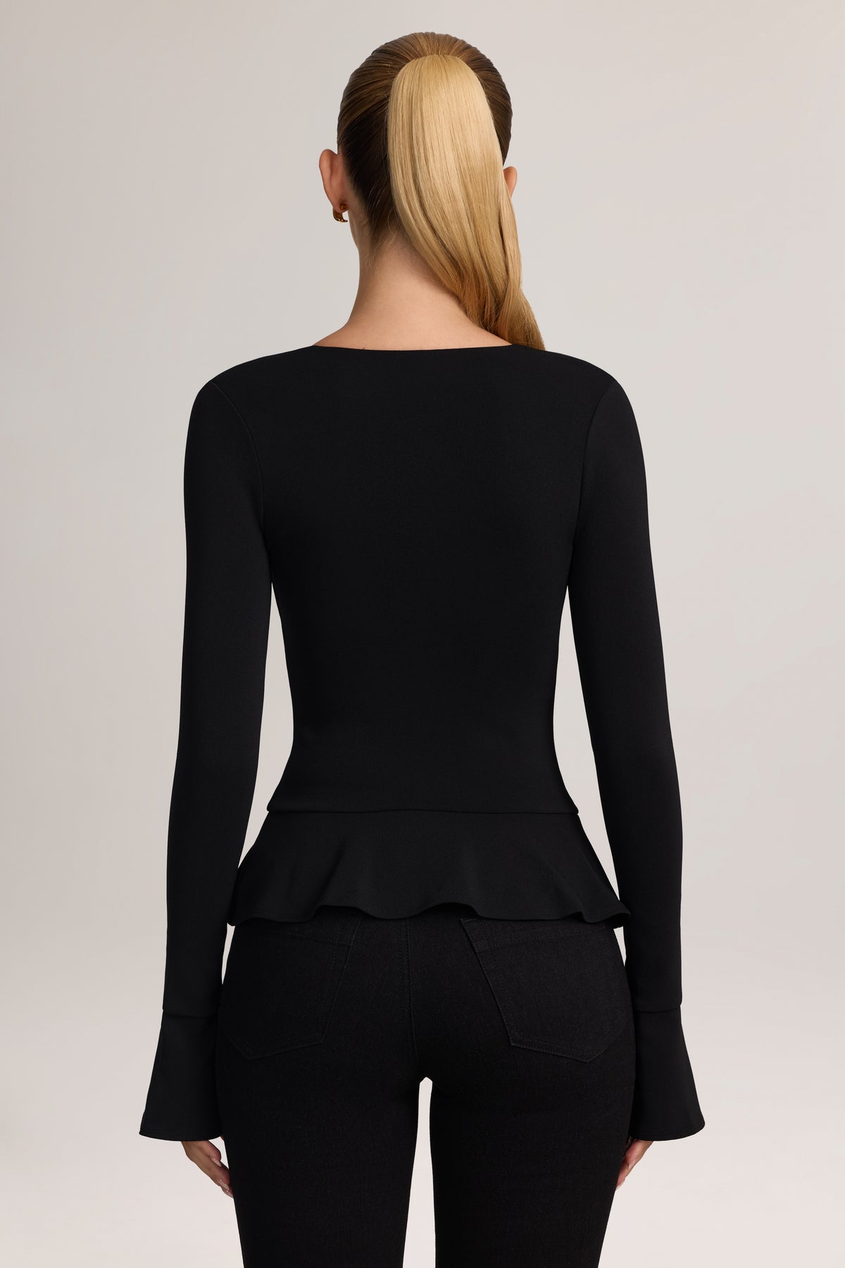 Ponte Peplum Long-Sleeve Cardigan in Black