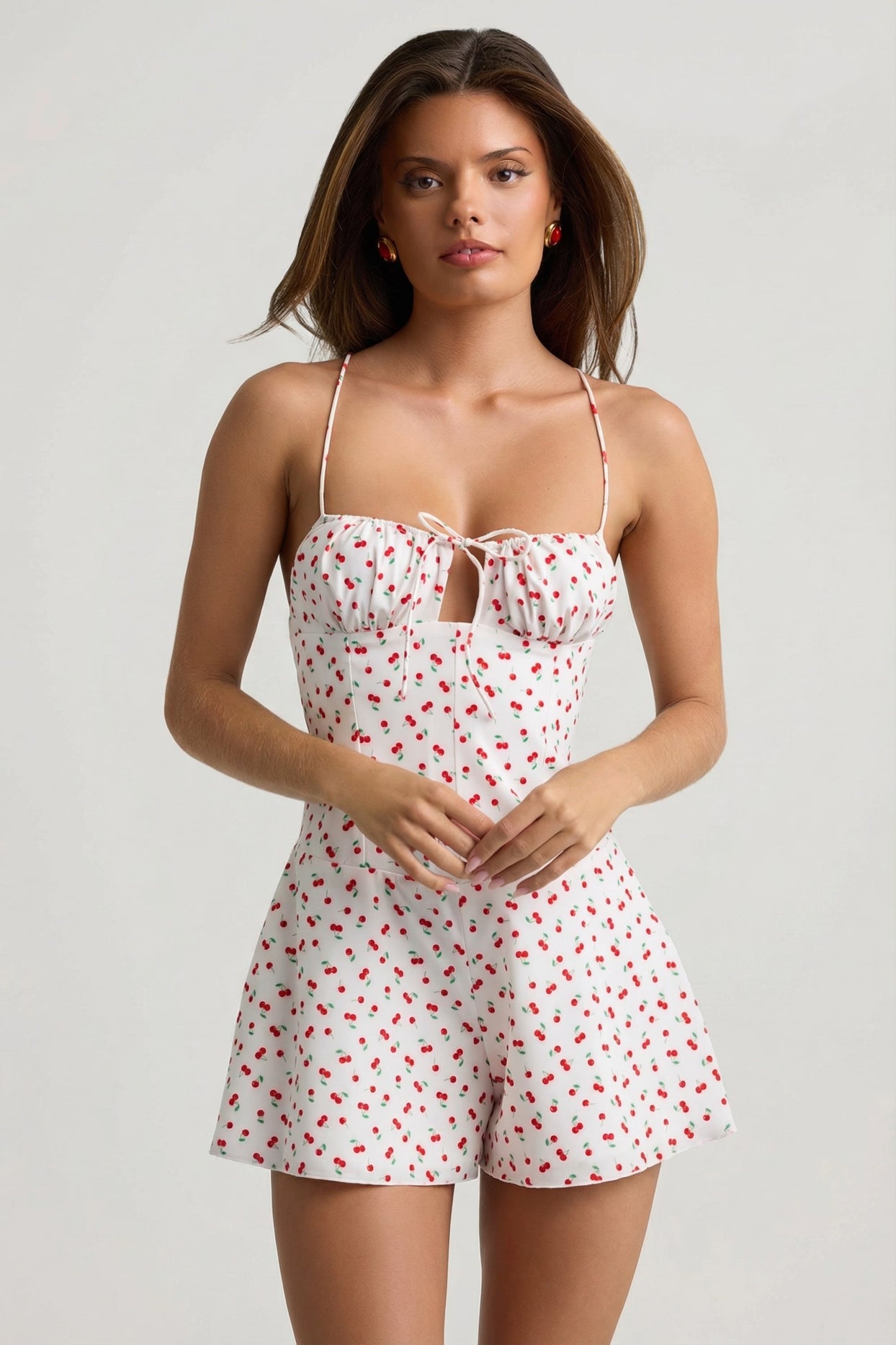 Ruched Backless Playsuit in Cherry Print - 6