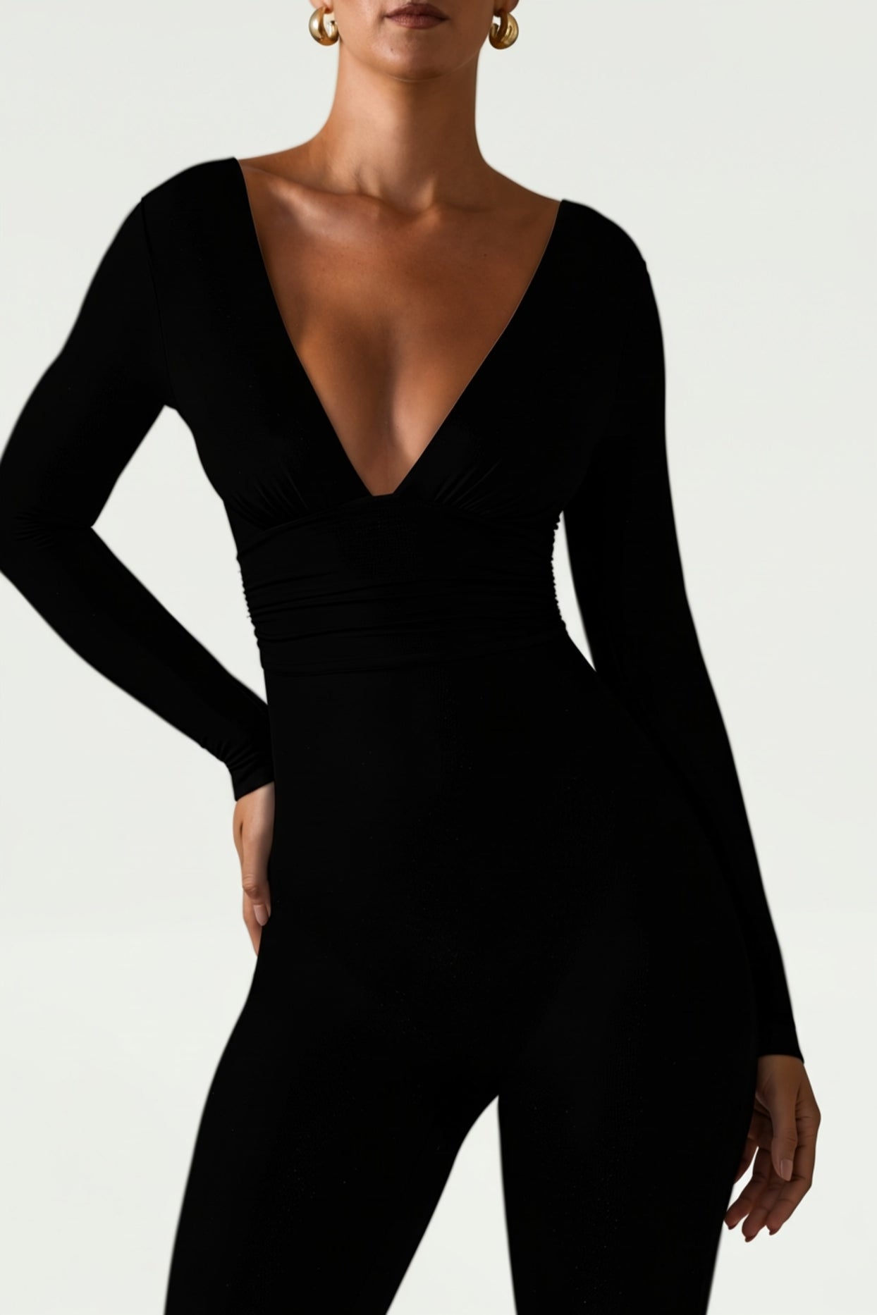 Modal Ruched Plunge Flared Jumpsuit in Black - 4