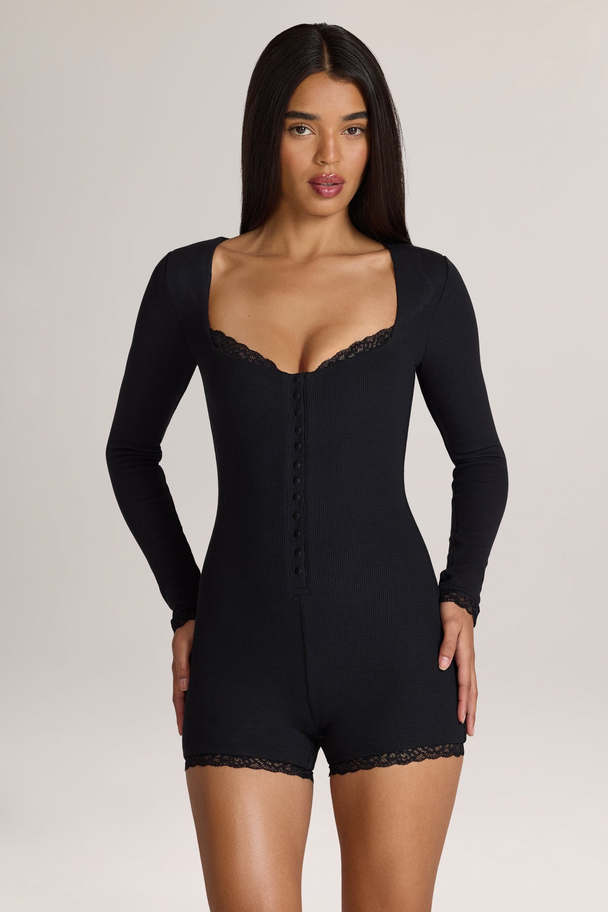 Ribbed Modal Lace-Trim Romper in Black
