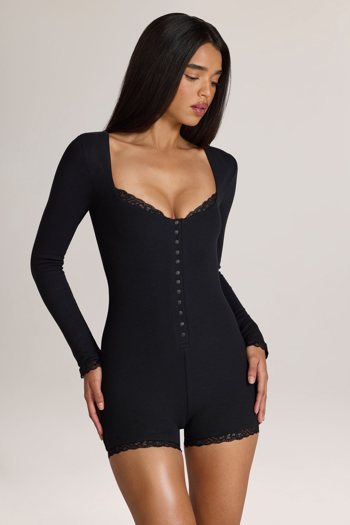 Ribbed Modal Lace-Trim Romper in Black