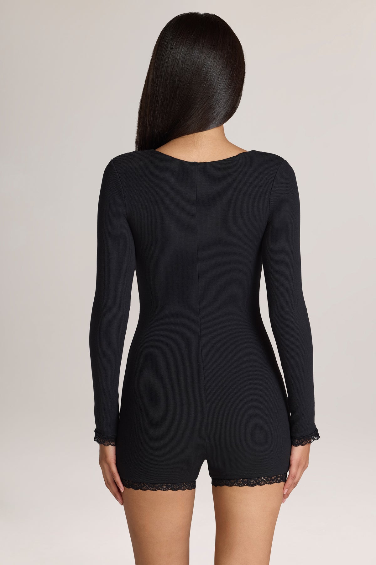 Ribbed Modal Lace-Trim Romper in Black