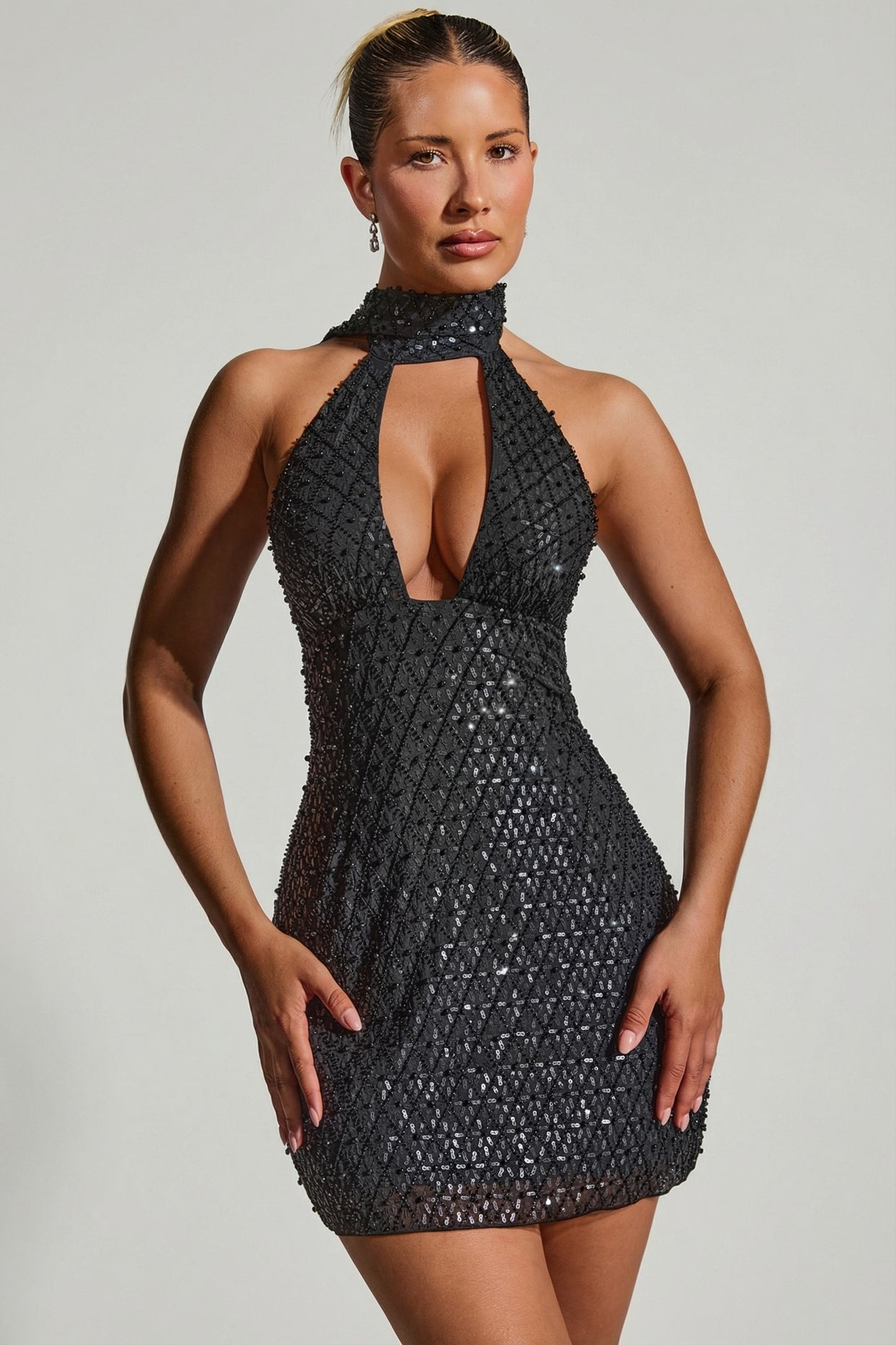 Embellished Scarf-Detail Halterneck Mini Dress in Black - 1
