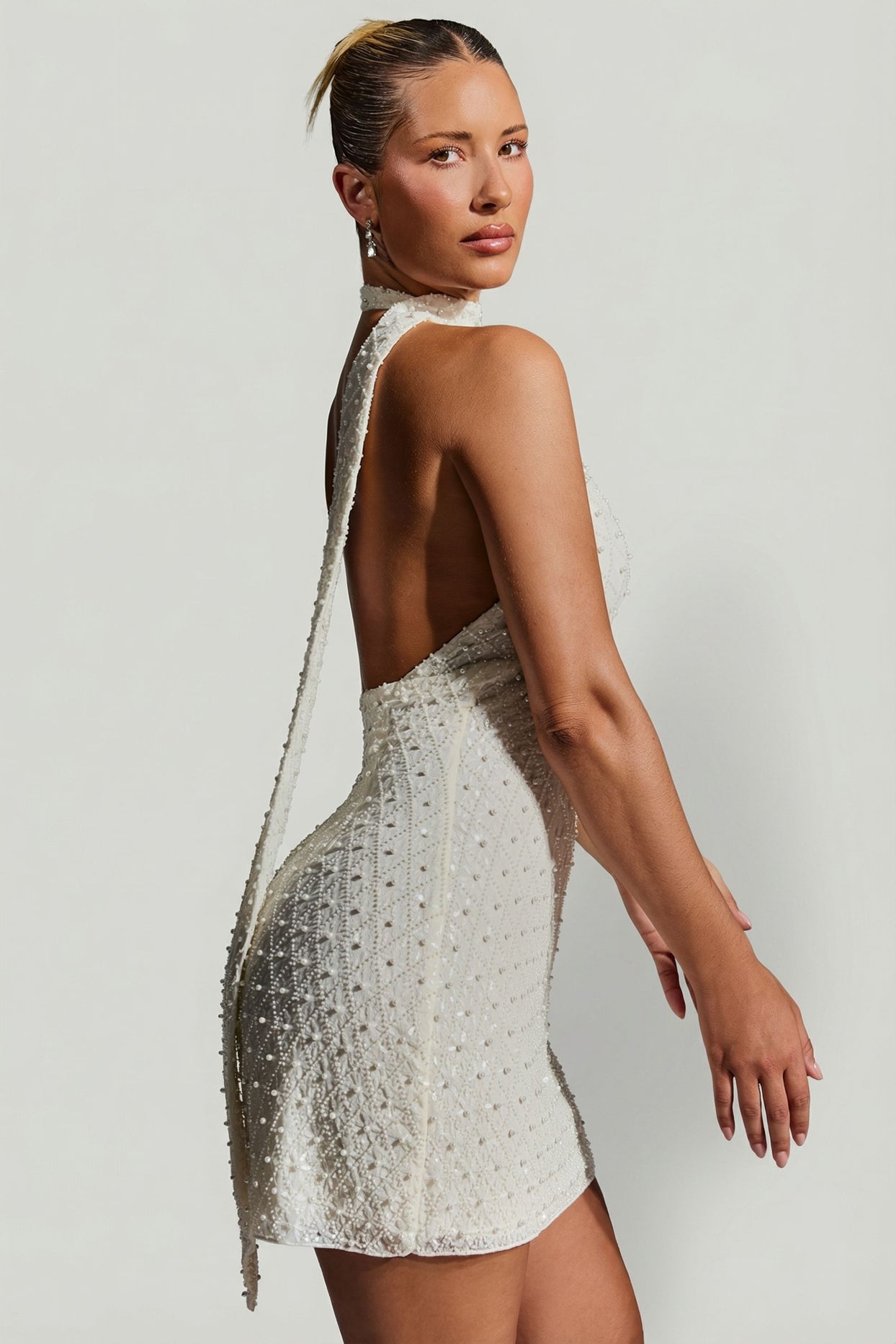 Embellished Scarf-Detail Halterneck Mini Dress in White - 4