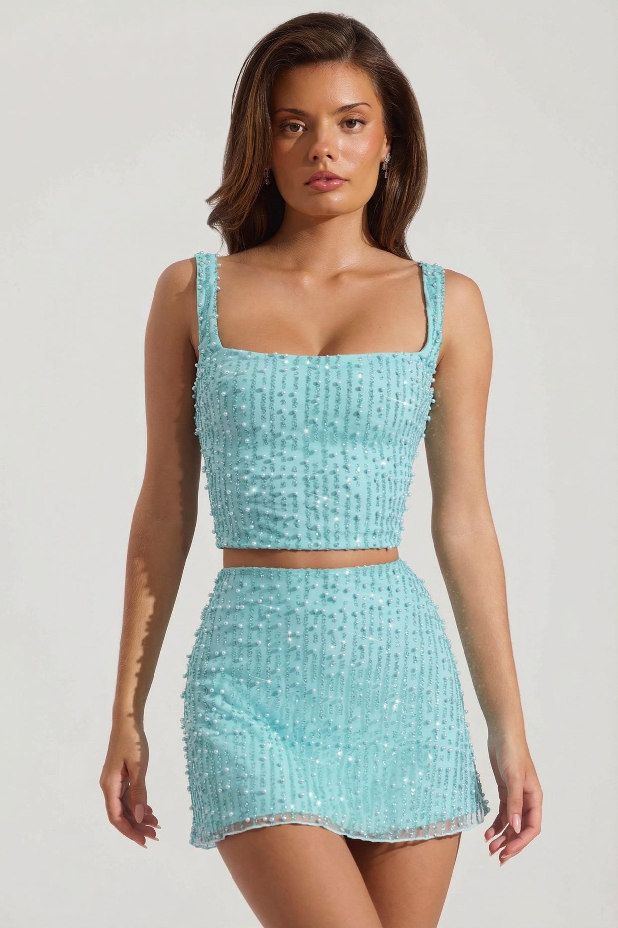 Embellished Low-Rise Mini Skirt in Aqua Blue - 1