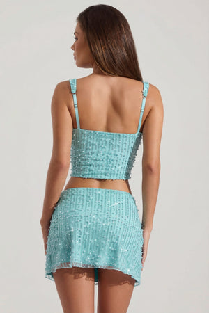 Embellished Low-Rise Mini Skirt in Aqua Blue
