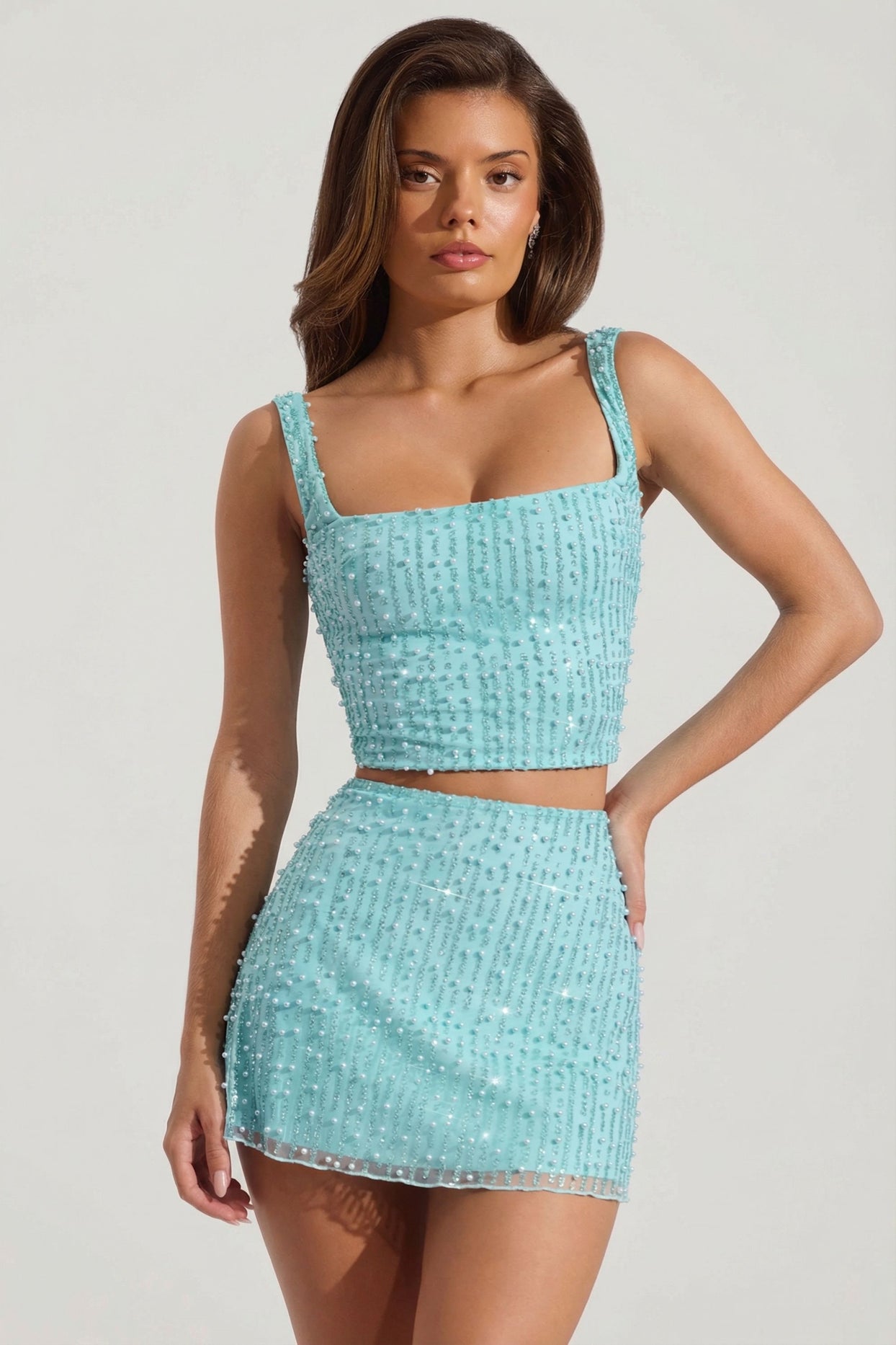 Embellished Low-Rise Mini Skirt in Aqua Blue - 8