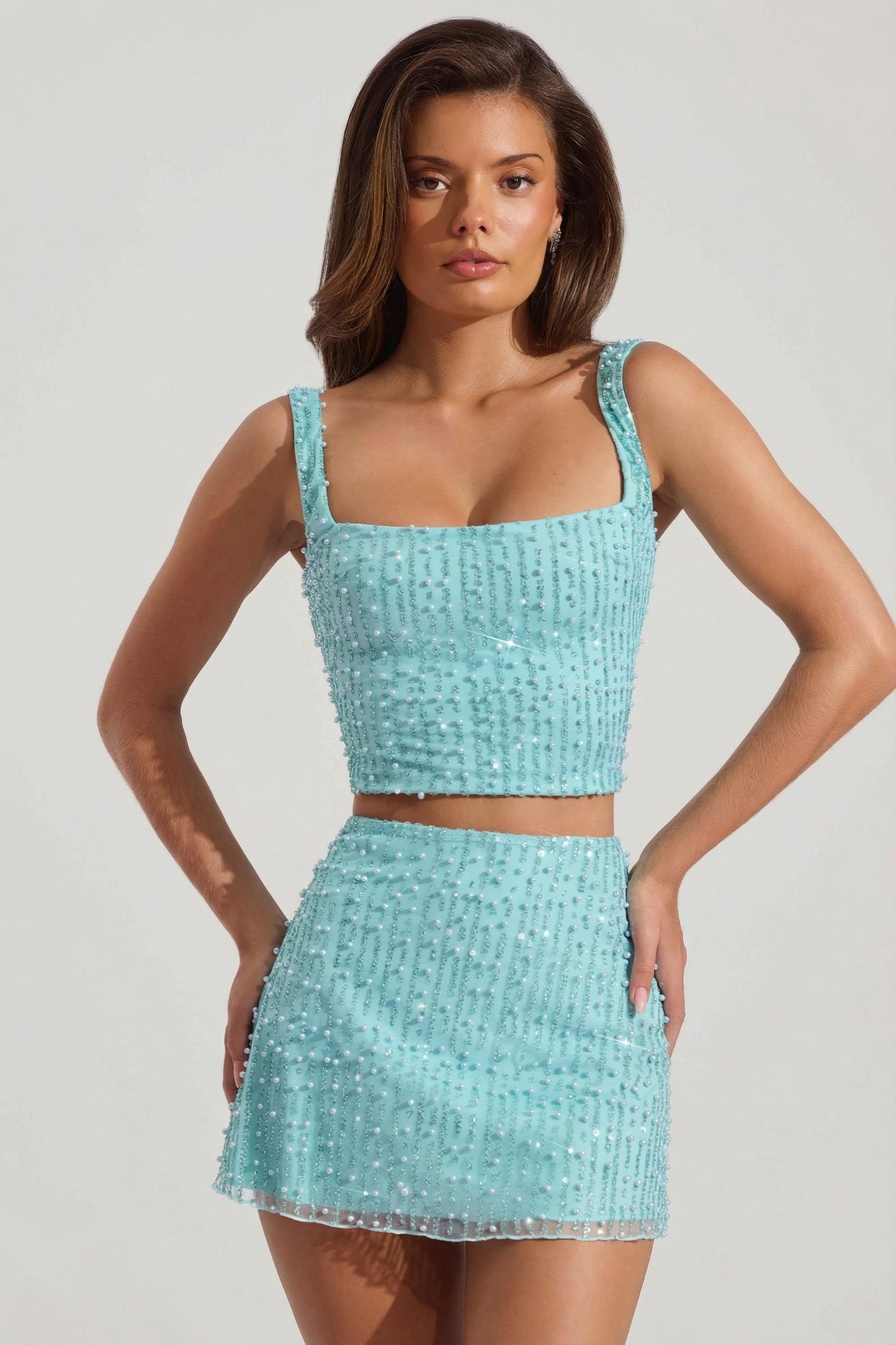 Embellished Low-Rise Mini Skirt in Aqua Blue - 4