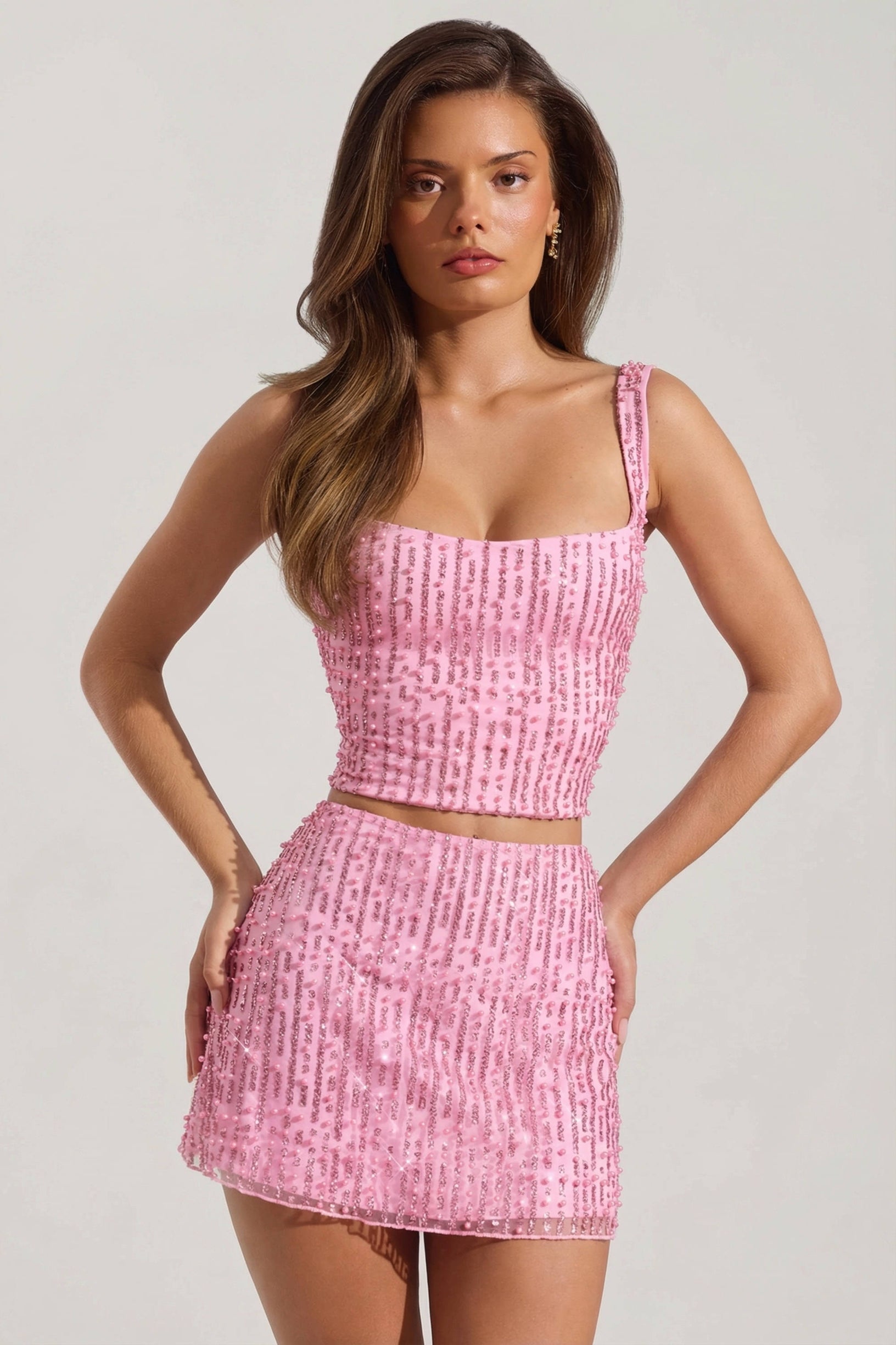 Embellished Low-Rise Mini Skirt in Pink - 1