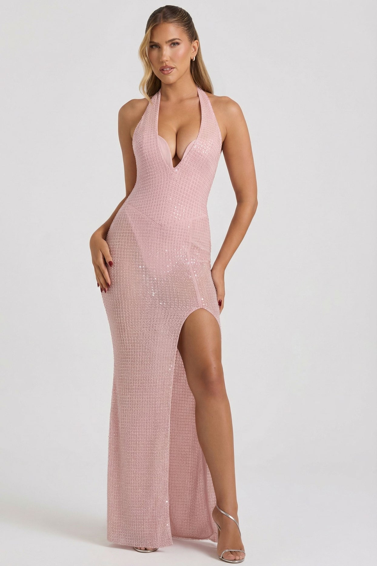Embellished Halterneck Corset Gown in Lavender Pink - 7