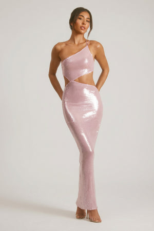 Oh Polly's Lena wearing the Isabel Maxi Dress in Lilac Sequin fabric perfect for prom night glamour