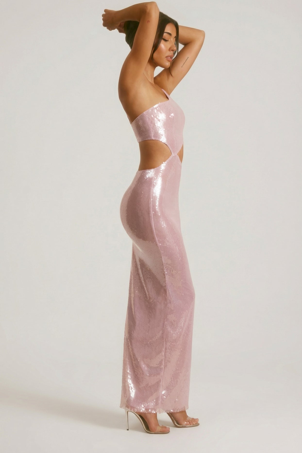 Sheer Sequin One Shoulder Cut Out Maxi Dress in Lilac - 7