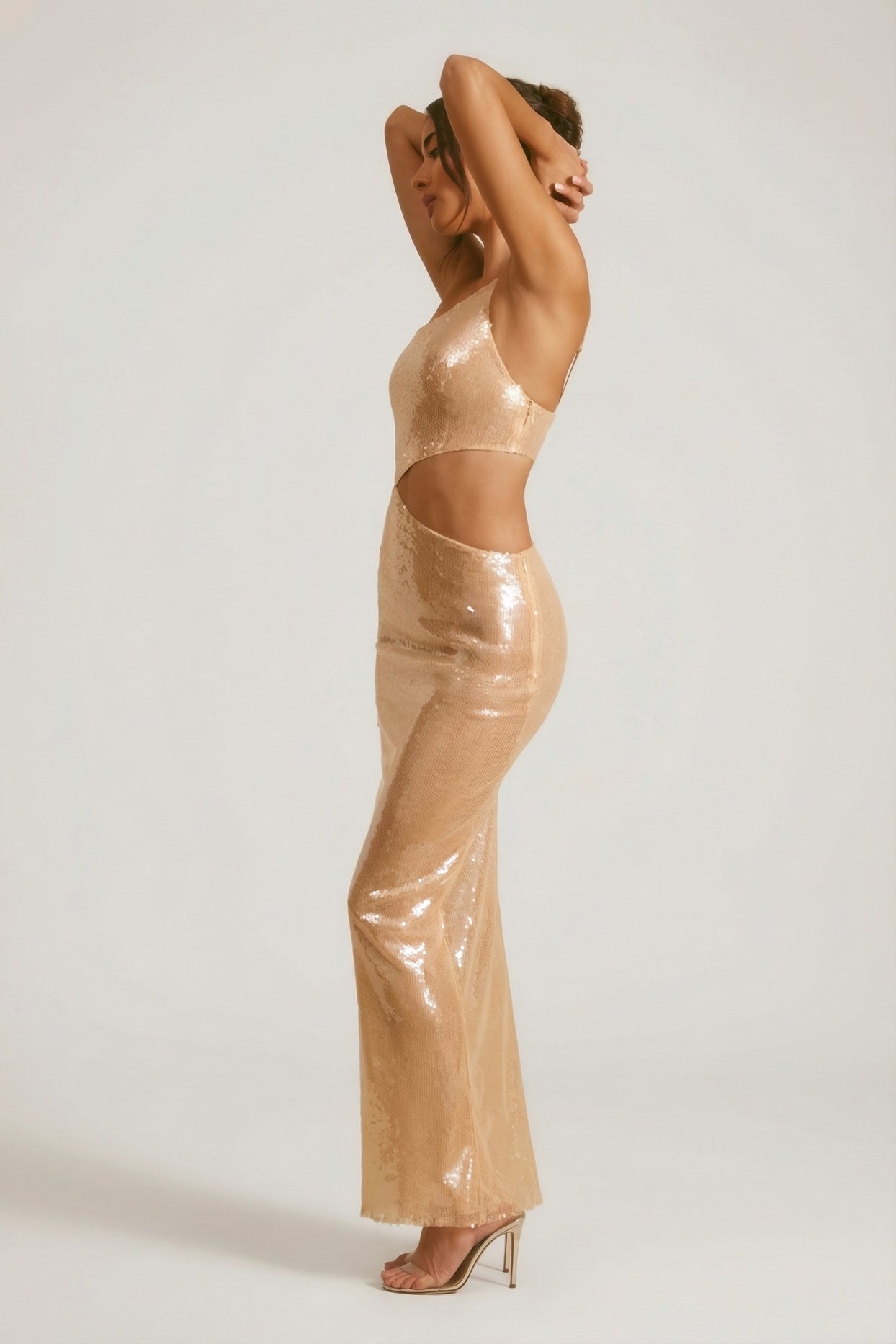 Sheer Sequin One Shoulder Cut Out Maxi Dress in Tan - 6