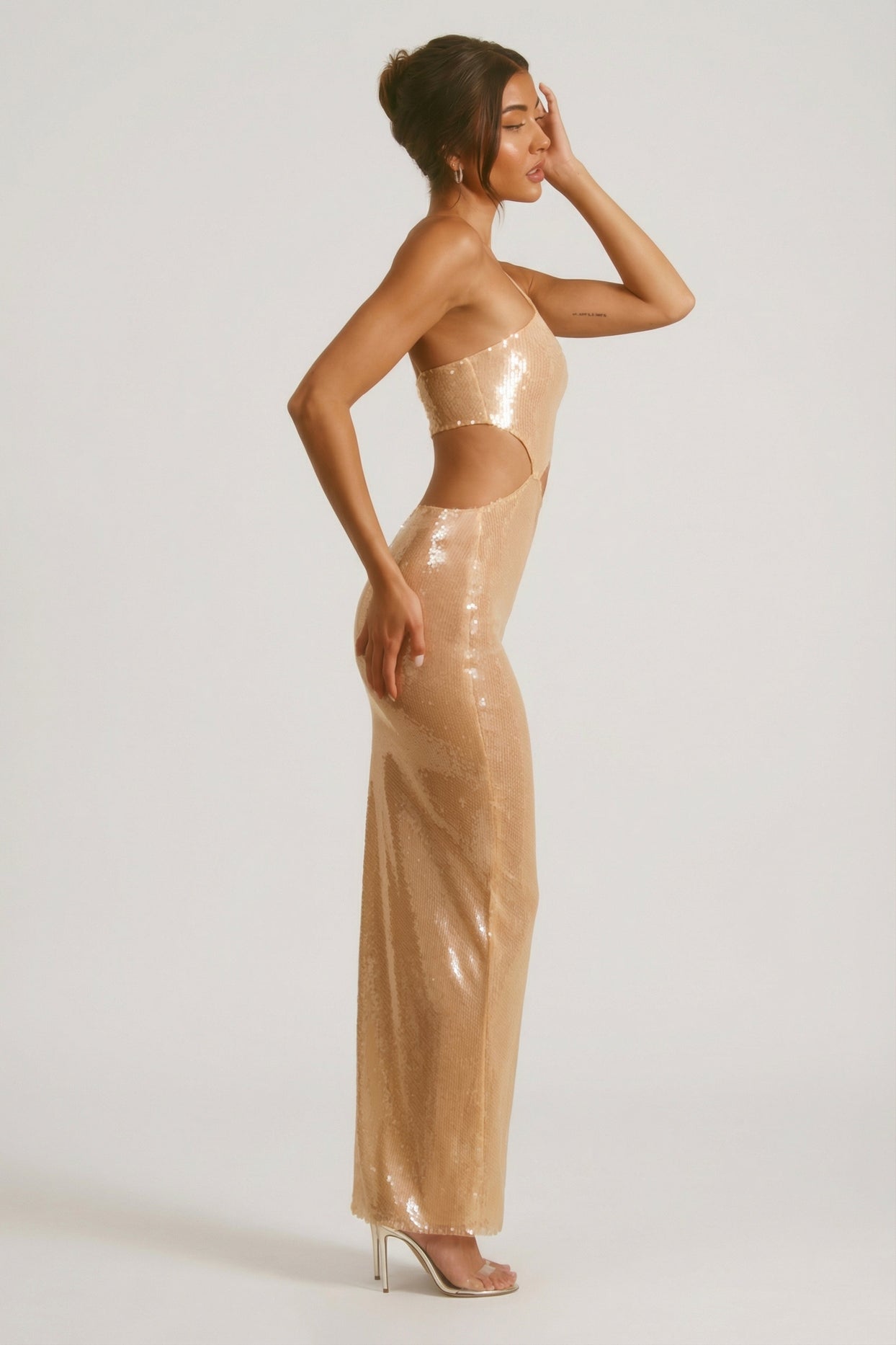 Sheer Sequin One Shoulder Cut Out Maxi Dress in Tan - 7