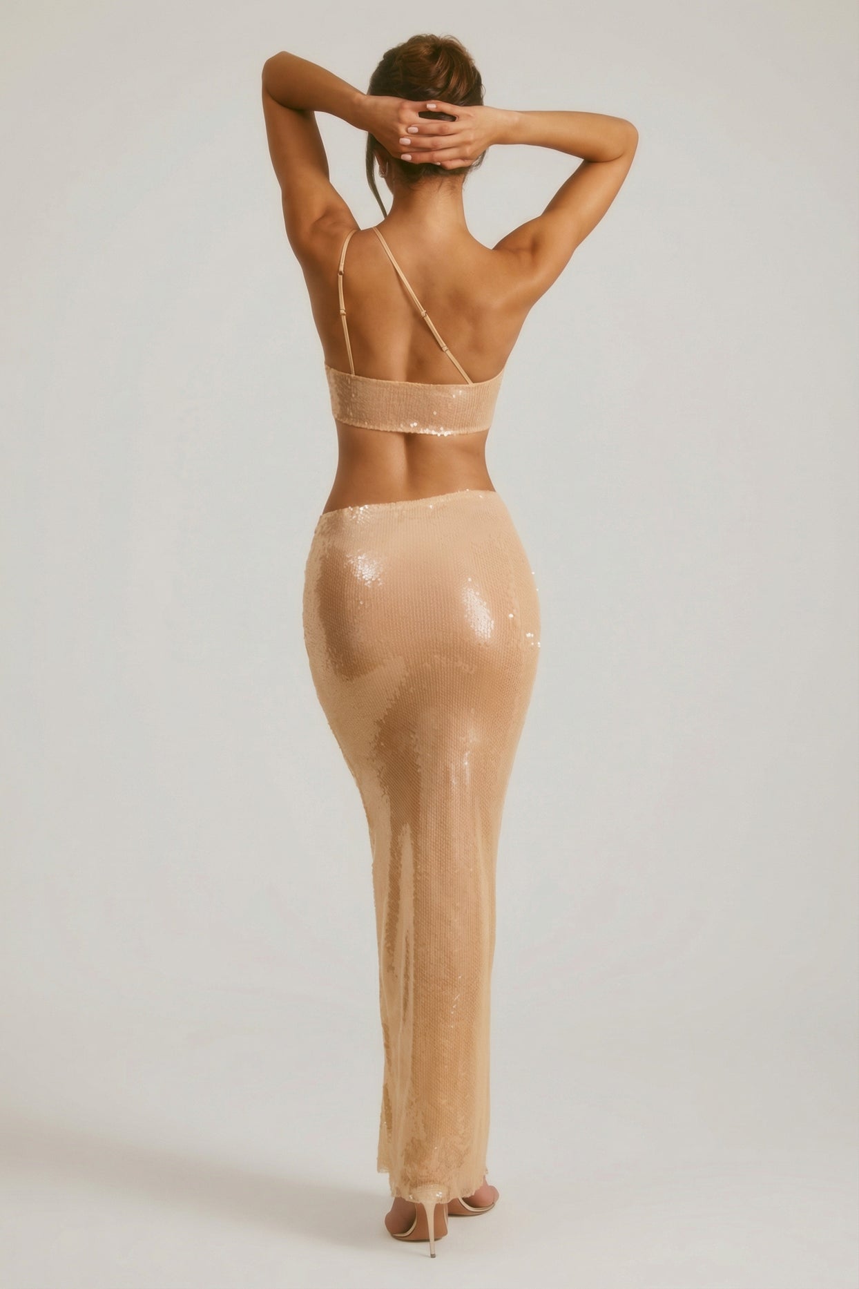 Sheer Sequin One Shoulder Cut Out Maxi Dress in Tan - 3