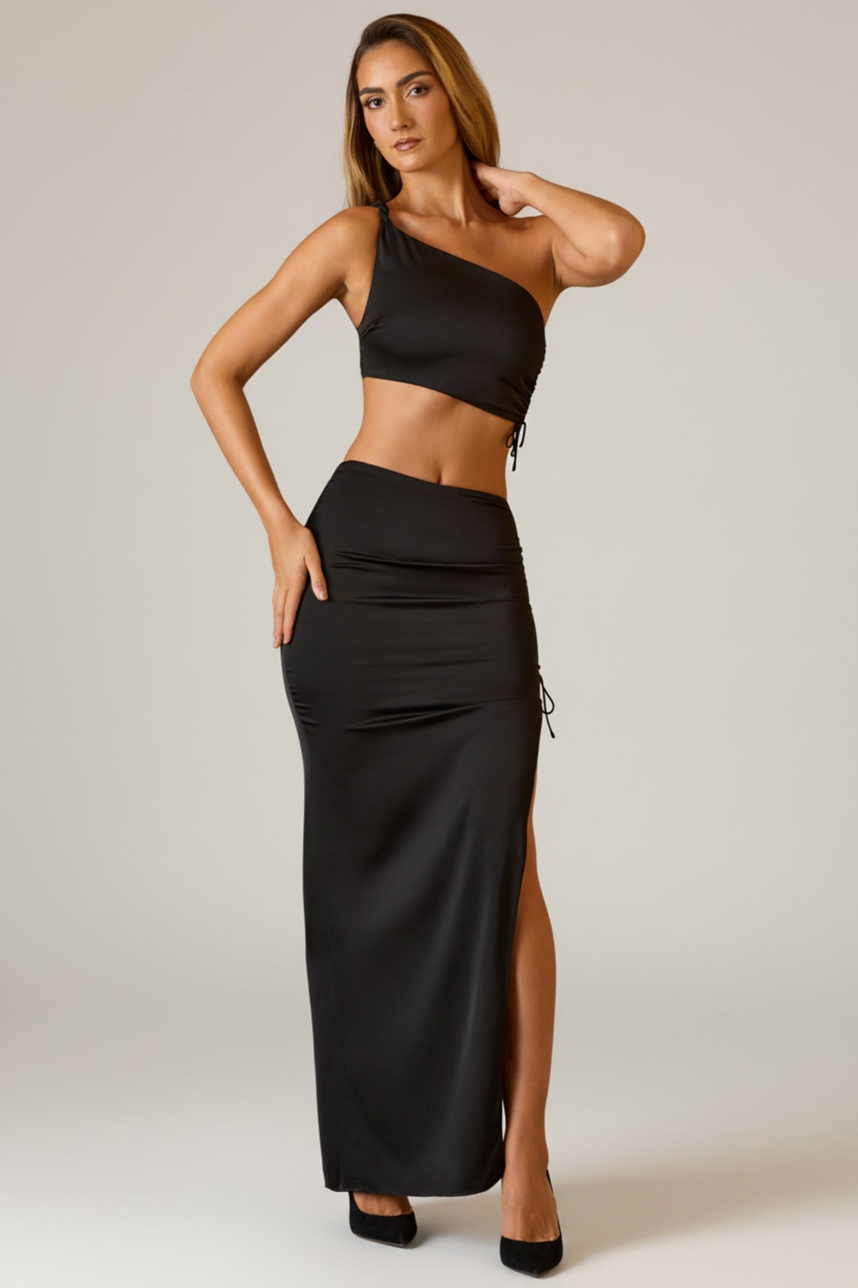 Ruched Asymmetric-Waist Maxi Skirt in Black - 6