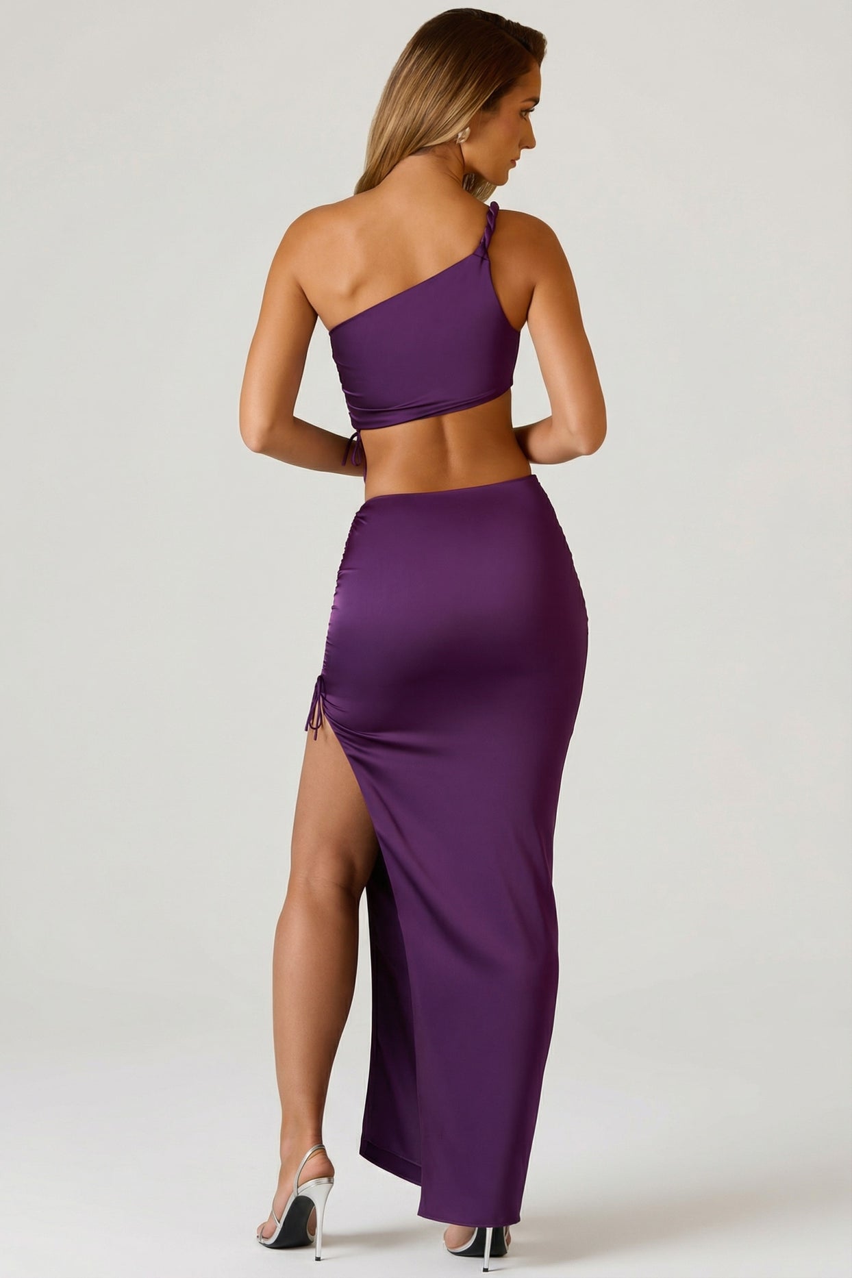 Ruched Asymmetric-Waist Maxi Skirt in Plum - 2