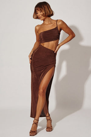 Oh Polly's Cristal wearing the Ishtar Maxi Dress in Brown Textured Jersey fabric perfect for evening parties