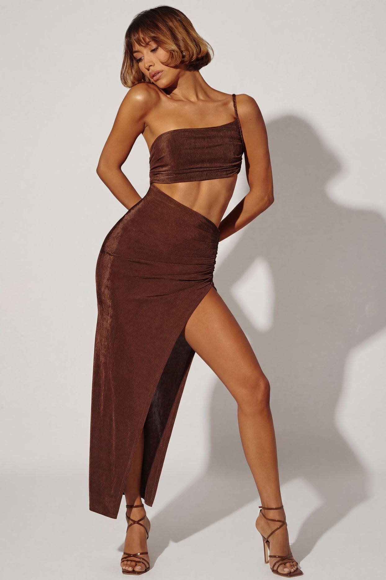 One Shoulder Cut Out Maxi Dress in Brown - 6