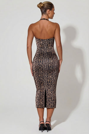 Ismay Layered Halterneck Bodycon Midi Dress in Leopard Print | Oh Polly Ismay Layered Halterneck Bodycon Midi Dress in Leopard Print | Oh Polly