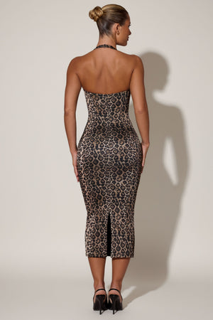 Layered Halterneck Bodycon Midi Dress in Leopard Print