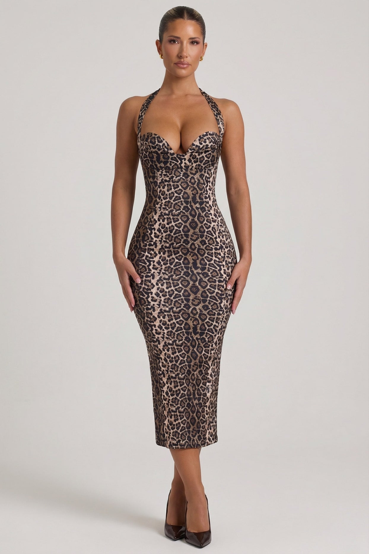 Layered Halterneck Bodycon Midi Dress in Leopard Print - 6