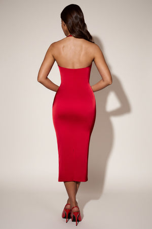 Layered Halterneck Bodycon Midi Dress in Red