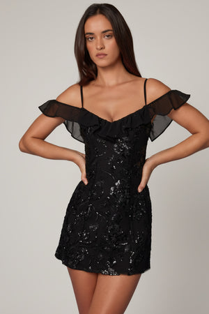 Embellished Lace-Up A-Line Mini Dress in Black